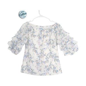 CeCe Small White Floral Eyelet Cotton Blouse Ruffle Sleeve Lined Boho Spring